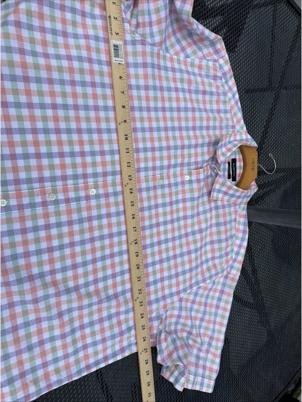 Bugatchi Shirt Mens XXL Classic Fit Short Sleeve Button Down Coral Plaid - Picture 8 of 9